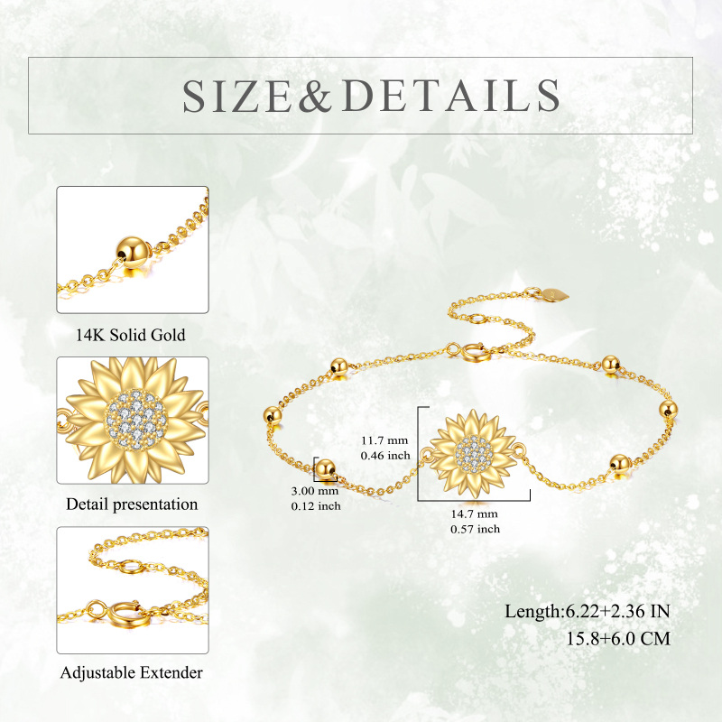 10K Gold Cubic Zirconia Sunflower & Bead Charm Bracelet-5