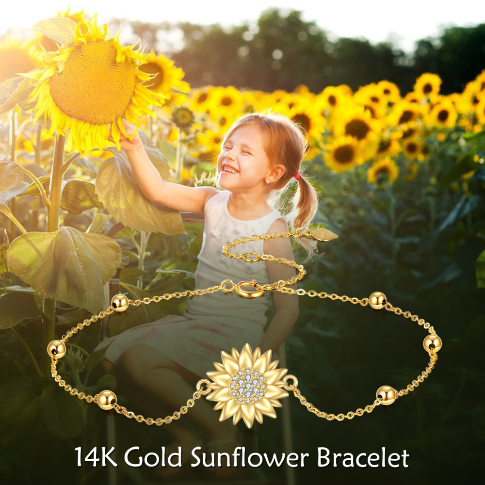 10K Gold Cubic Zirconia Sunflower & Bead Charm Bracelet-6