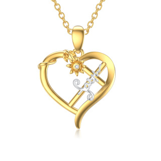 14K Gold Cubic Zirconia Sunflower & Cross & Heart Pendant Necklace with Engraved Word-1