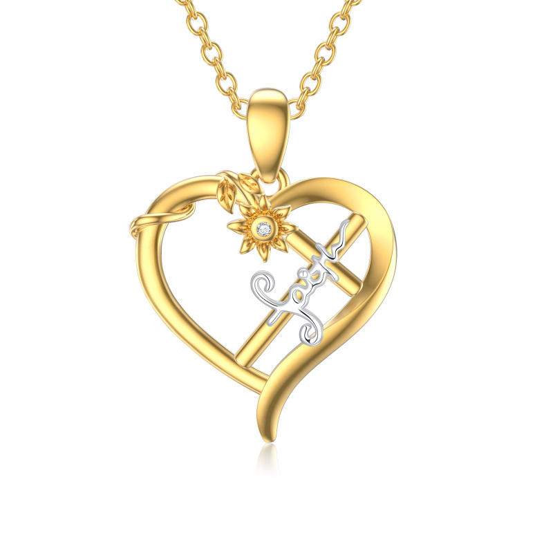 9K Gold Cubic Zirconia Sunflower & Cross & Heart Pendant Necklace with Engraved Word-4