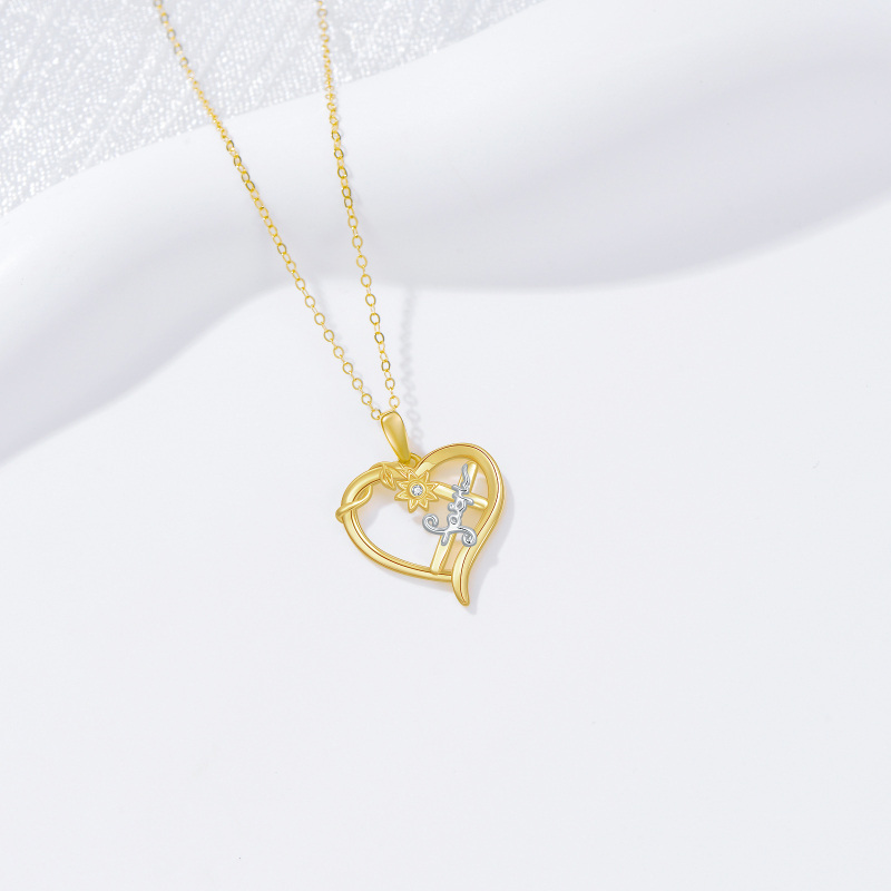 9K Gold Cubic Zirconia Sunflower & Cross & Heart Pendant Necklace with Engraved Word-3