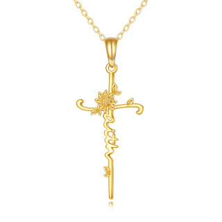 14K Gold Sunflower & Cross Pendant Necklace with Engraved Word-21