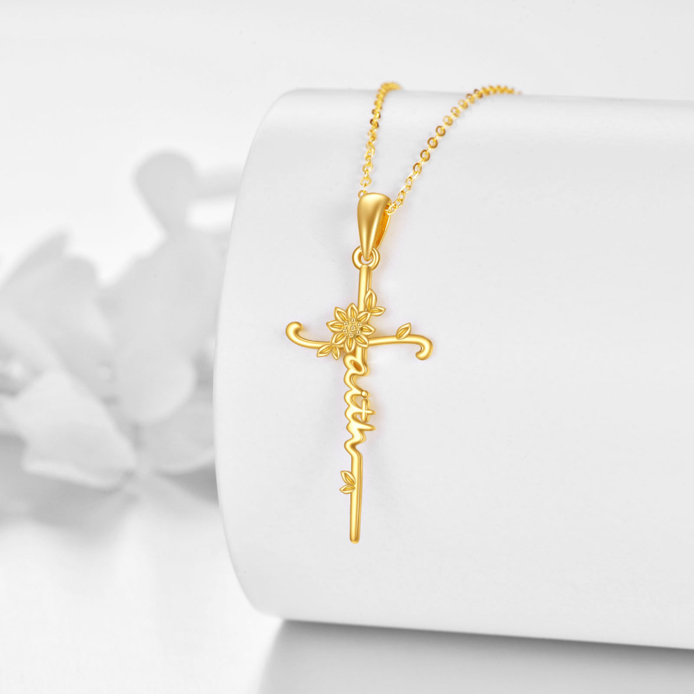 10K Gold Sunflower & Cross Pendant Necklace with Engraved Word-3