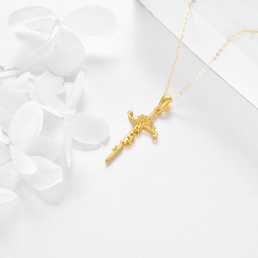 10K Gold Sunflower & Cross Pendant Necklace with Engraved Word-4