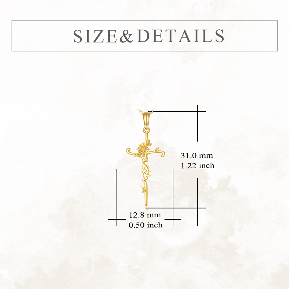 10K Gold Sunflower & Cross Pendant Necklace with Engraved Word-5