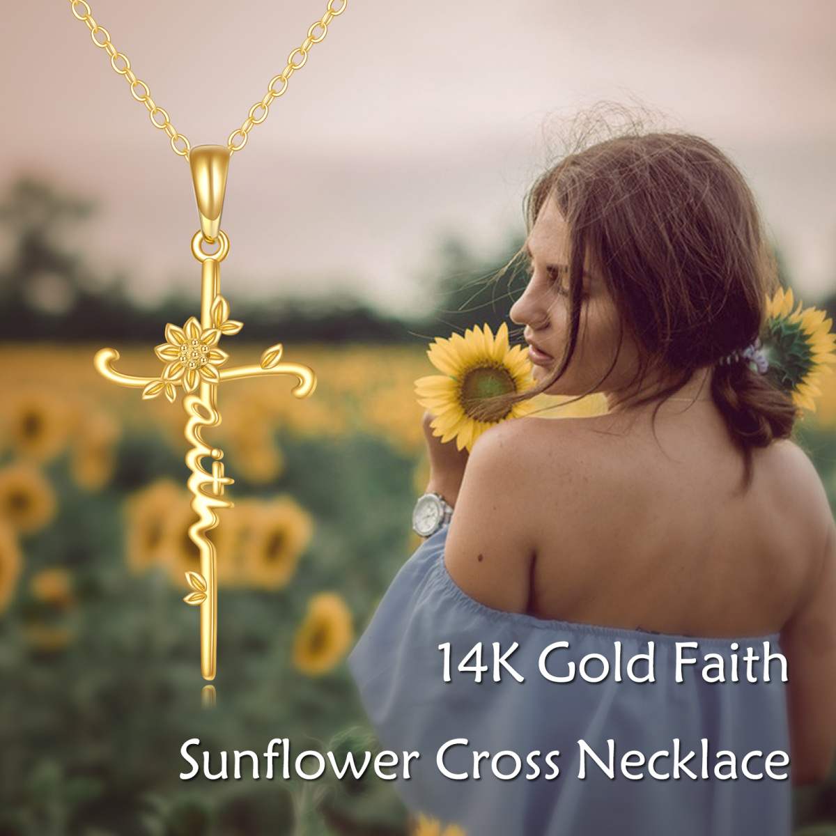 Collar con colgante de cruz de girasol en oro de 14 quilates con palabra grabada-6