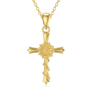 10K Gold Sunflower & Cross Pendant Necklace-21