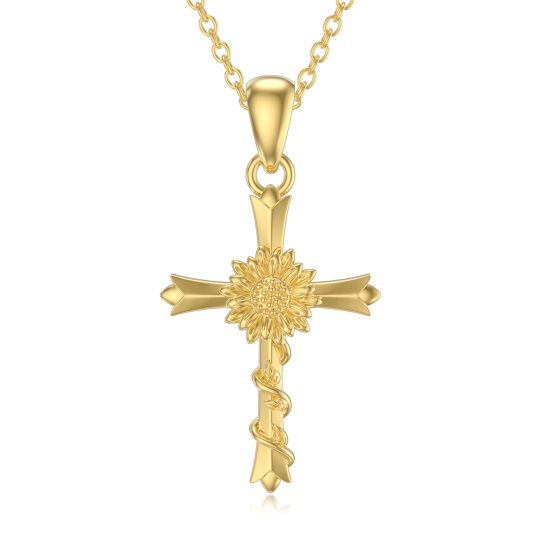 10K Gold Sunflower & Cross Pendant Necklace