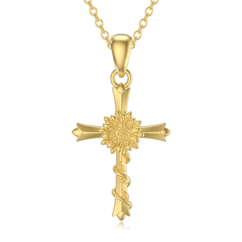 10K Gold Sunflower & Cross Pendant Necklace-1