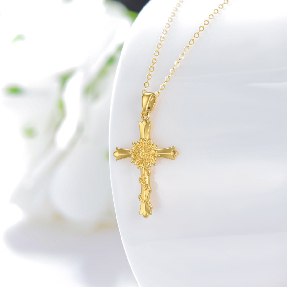 Collier en or 14K avec pendentif tournesol et croix-3