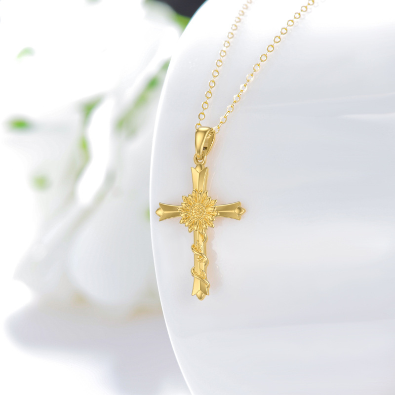 Collier pendentif tournesol et croix en or 10 carats-3