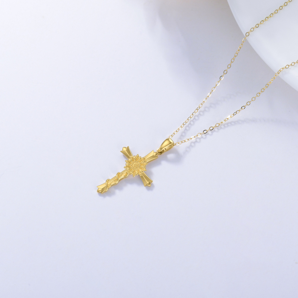 10K Gold Sunflower & Cross Pendant Necklace-4