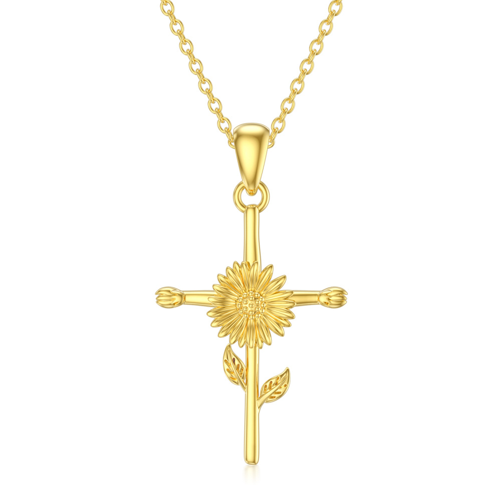 10K Gold Sunflower & Cross Pendant Necklace-1