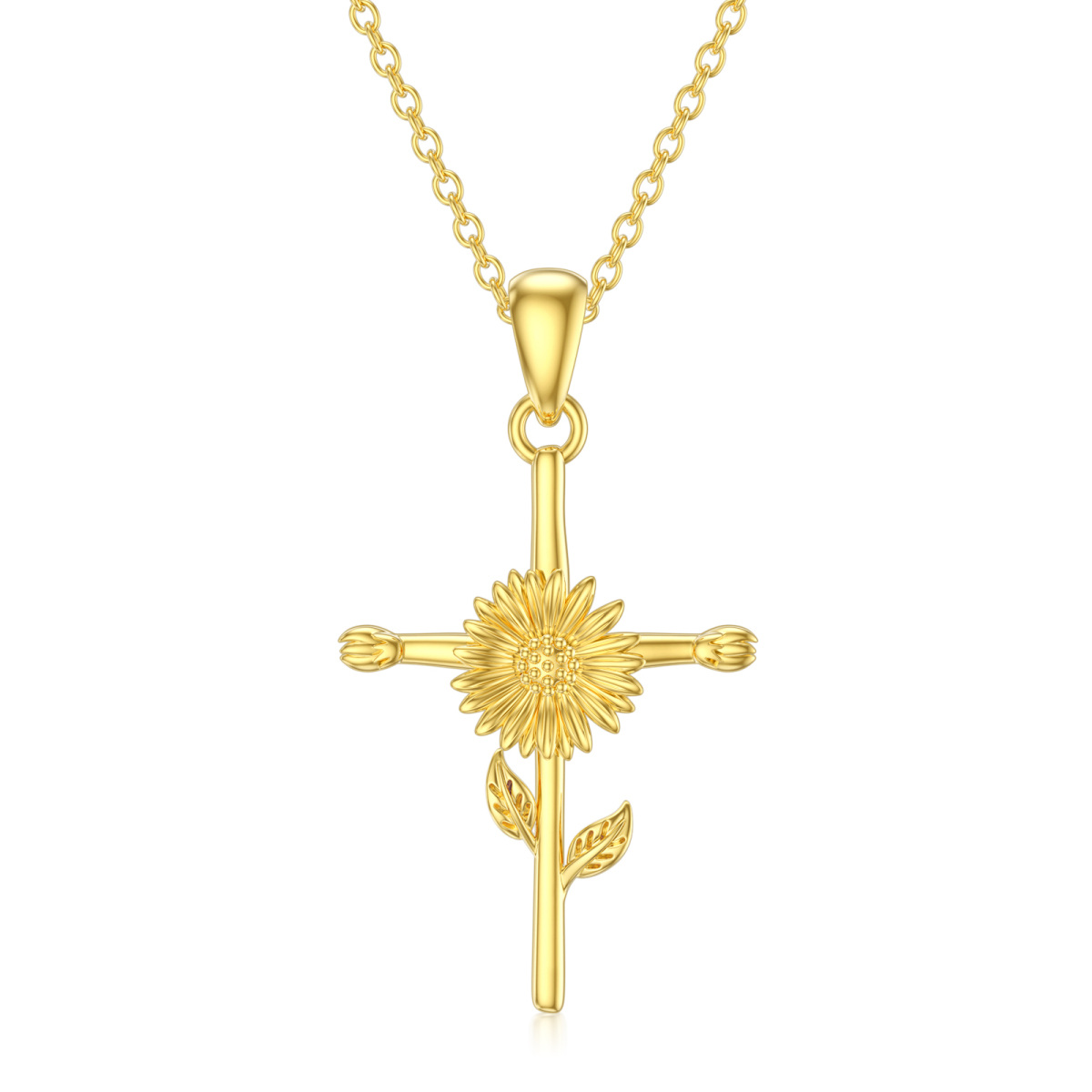 14K Gold Halskette mit Sonnenblumen-Kreuz-Anhänger-1