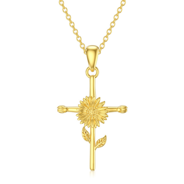 Colar com pingente de cruz de girassol em ouro 14K-1