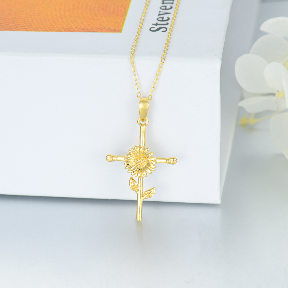 10K Gold Sunflower & Cross Pendant Necklace-3