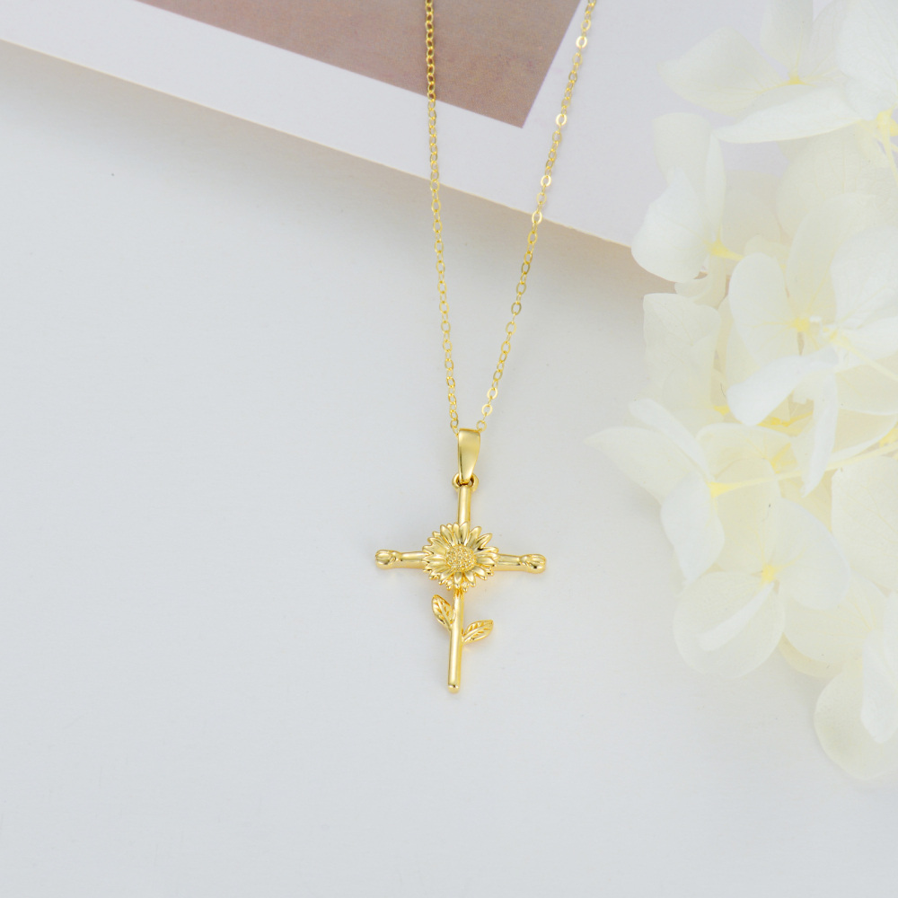 10K Gold Sunflower & Cross Pendant Necklace-4