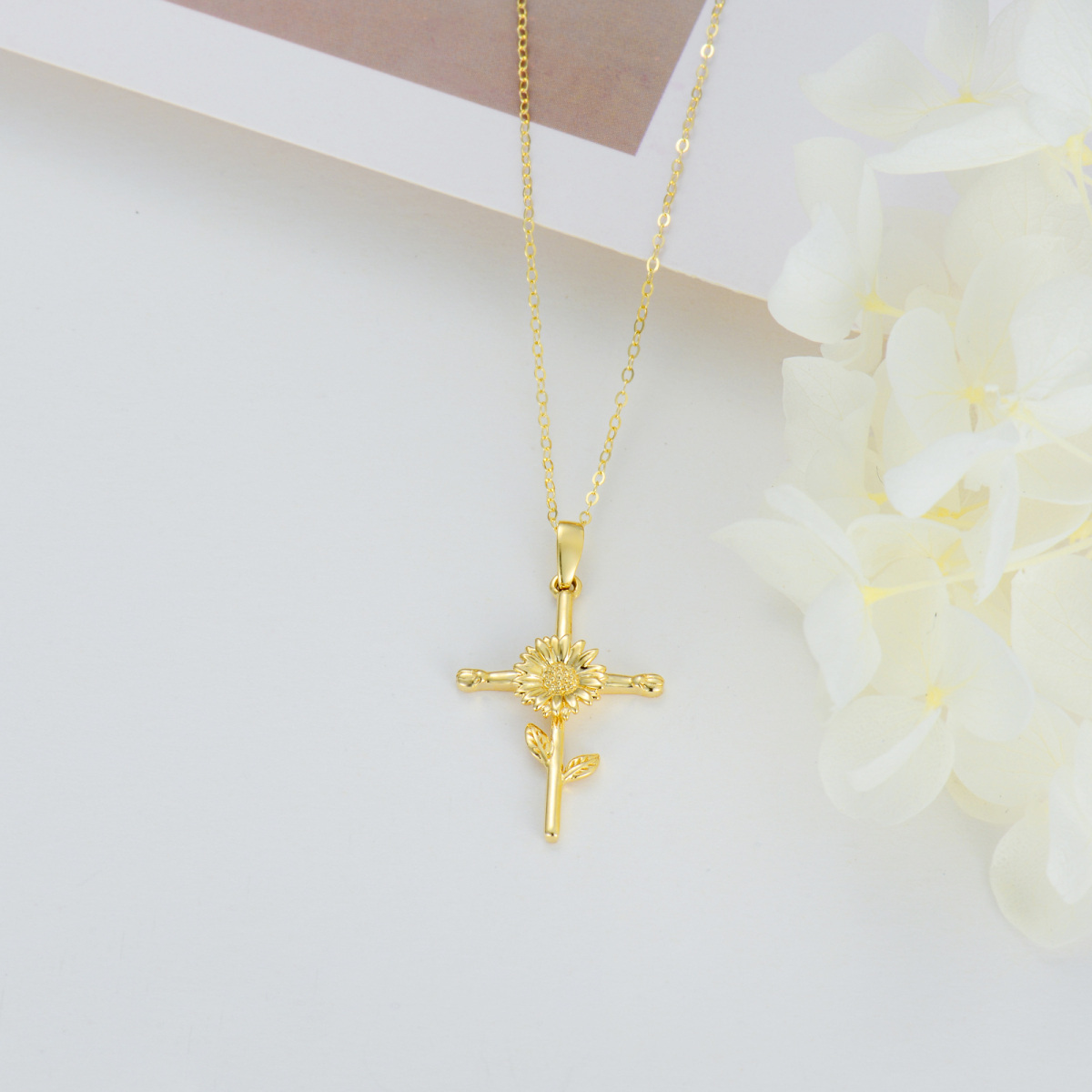 14K Gold Sunflower & Cross Pendant Necklace-4