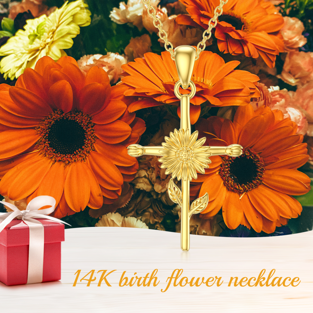 10K Gold Sunflower & Cross Pendant Necklace-6