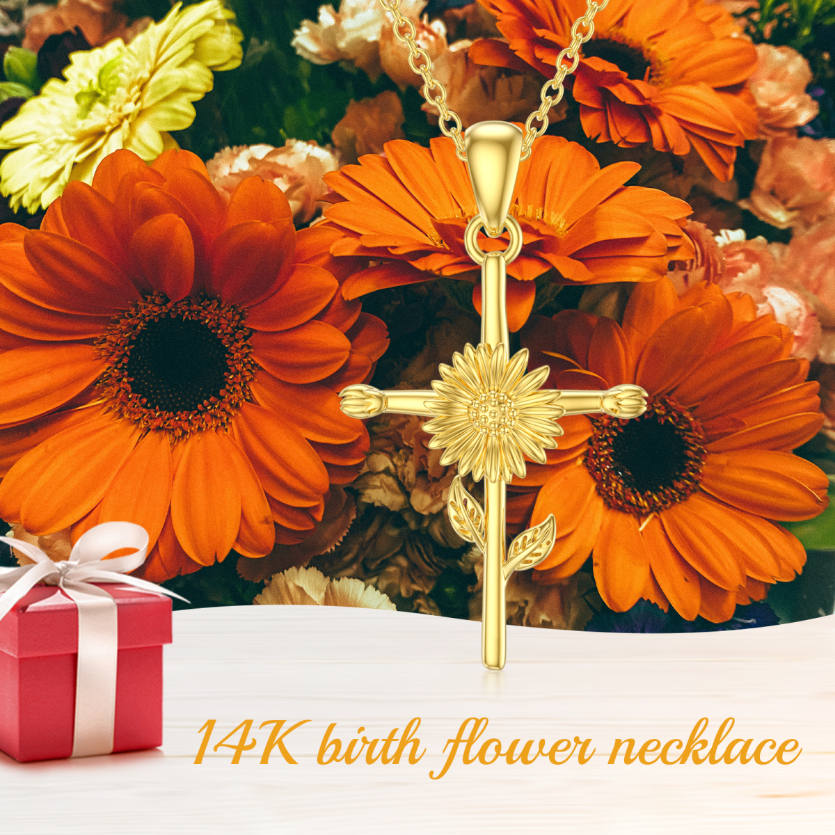 14K Gold Halskette mit Sonnenblumen-Kreuz-Anhänger-6