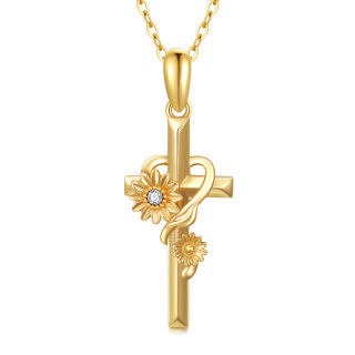 10K Gold Cubic Zirconia Sunflower Cross Pendant Necklace-46