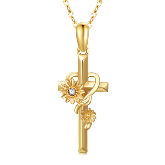 10K Gold Cubic Zirconia Sunflower Cross Pendant Necklace