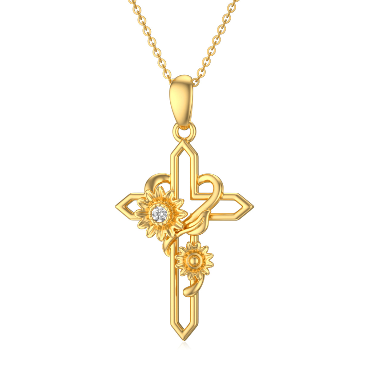 14K Gold Cubic Zirkonia Sonnenblume & Kreuz Anhänger Halskette-1