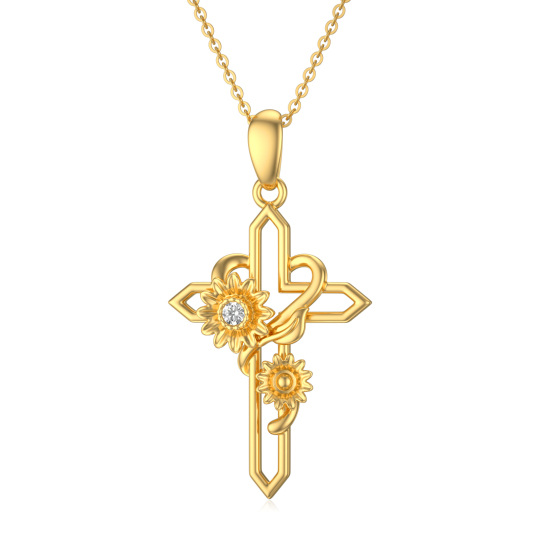 14K Gold Cubic Zirconia Sunflower & Cross Pendant Necklace