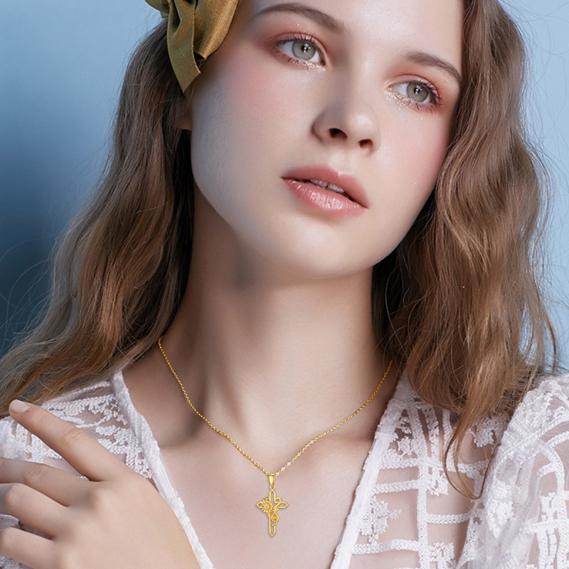 10K Gold Cubic Zirconia Sunflower & Cross Pendant Necklace-2