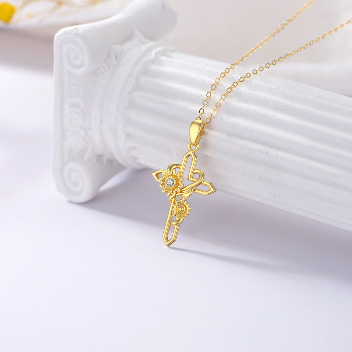 14K Gold Cubic Zirkonia Sonnenblume & Kreuz Anhänger Halskette-3