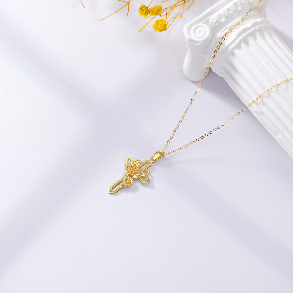 10K Gold Cubic Zirconia Sunflower & Cross Pendant Necklace-4