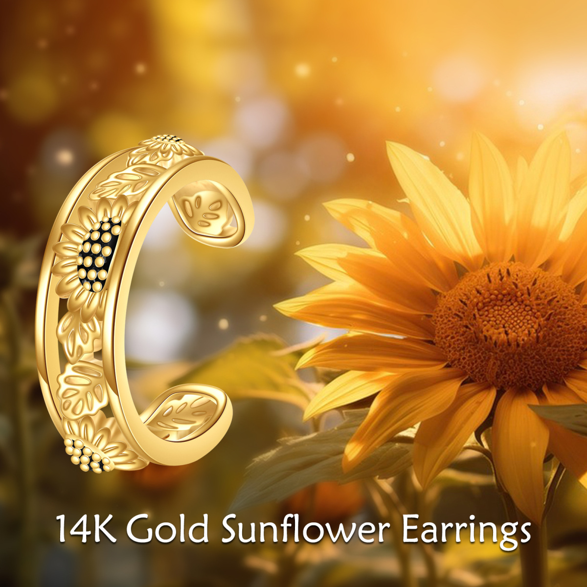 14K Gold Sunflower Cuff Earrings-6