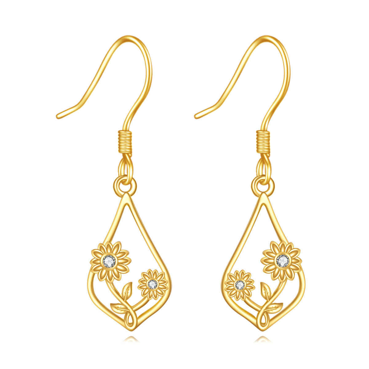 14K Gold Cubic Zirconia Sunflower Drop Earrings-1