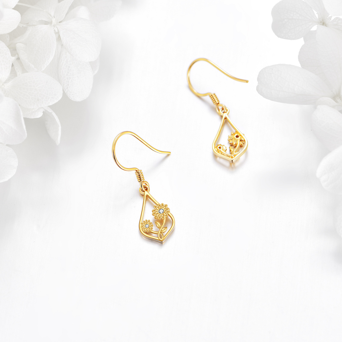 14K Gold Cubic Zirconia Sunflower Drop Earrings-3