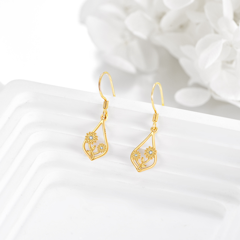10K Gold Cubic Zirconia Sunflower Drop Earrings-4