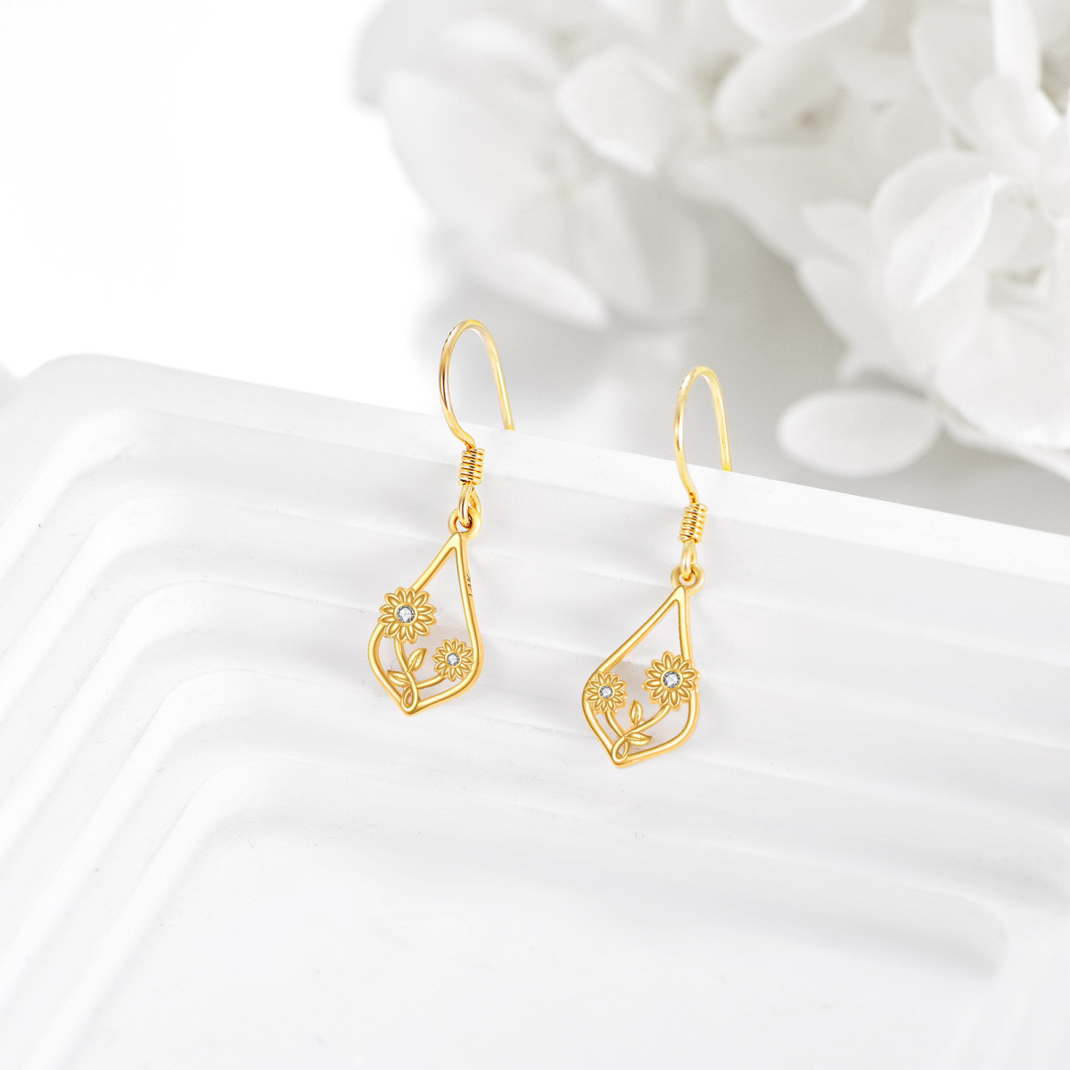 14K Gold Cubic Zirconia Sunflower Drop Earrings-4