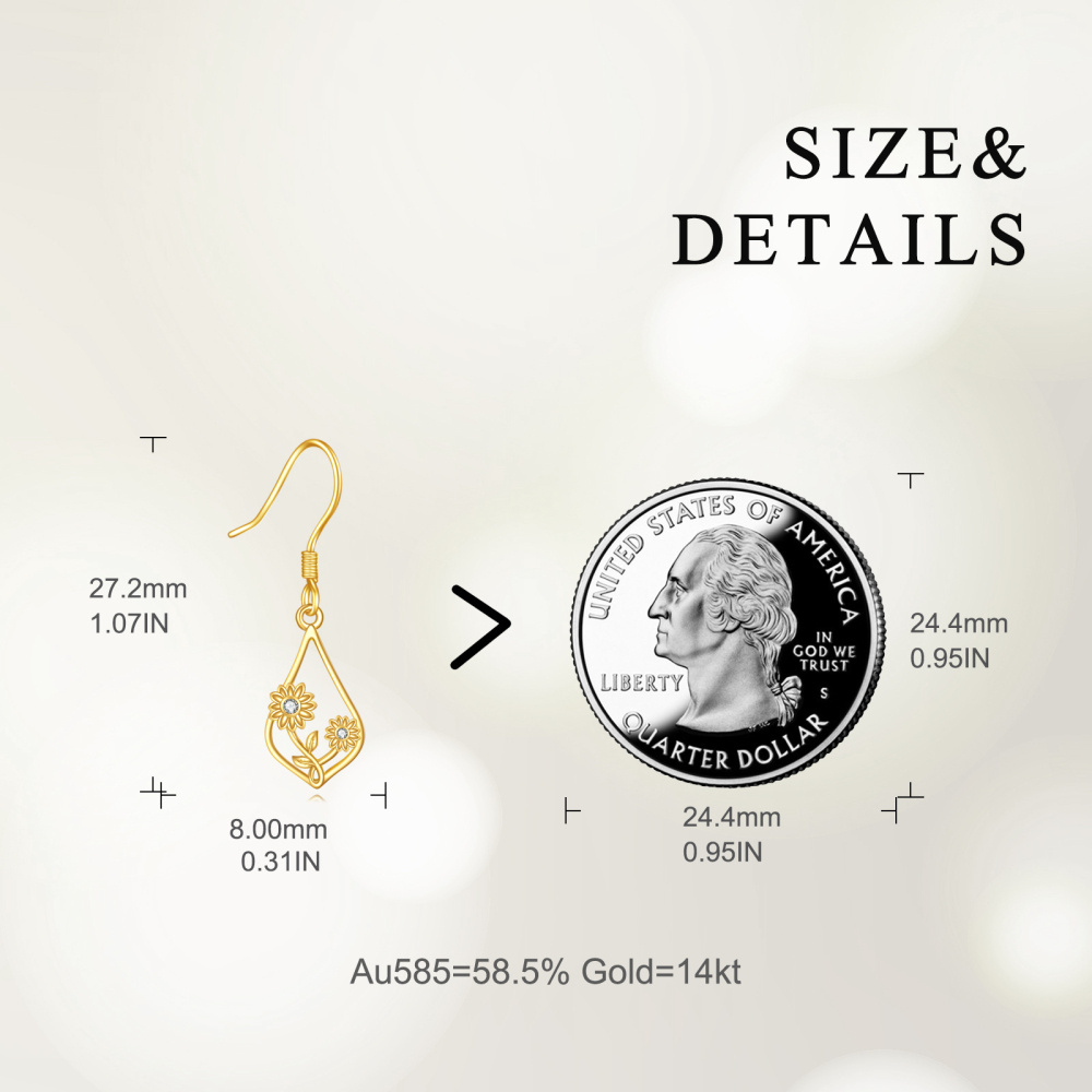 10K Gold Cubic Zirconia Sunflower Drop Earrings-5