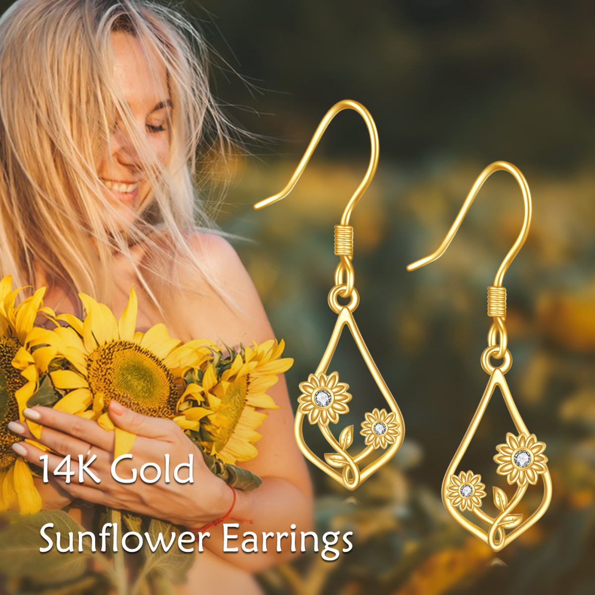 14K Gold Cubic Zirconia Sunflower Drop Earrings-6