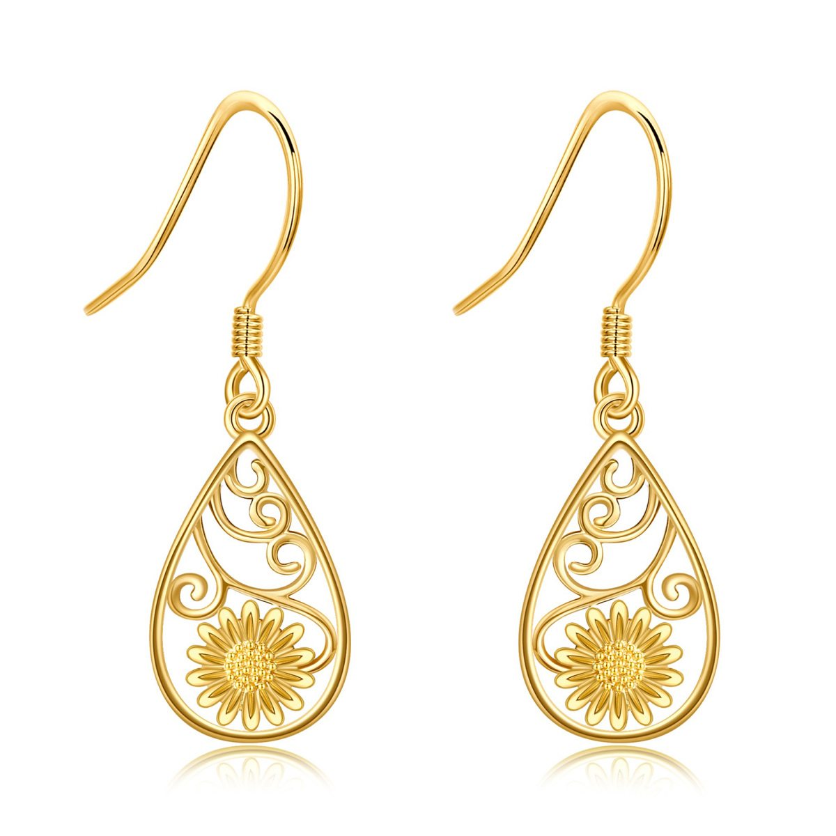 14K Gold Sunflower Drop Earrings-1