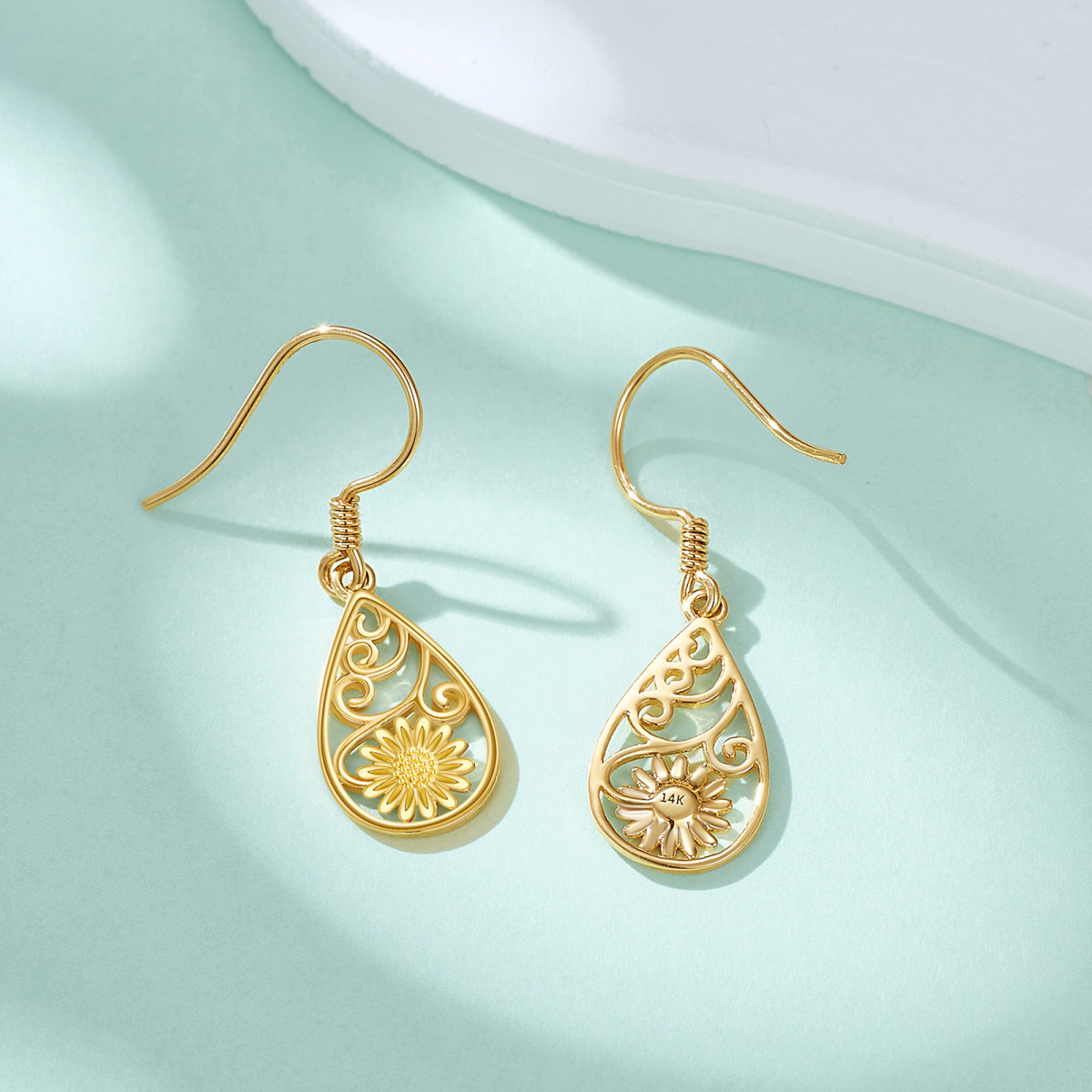 14K Gold Sunflower Drop Earrings-3