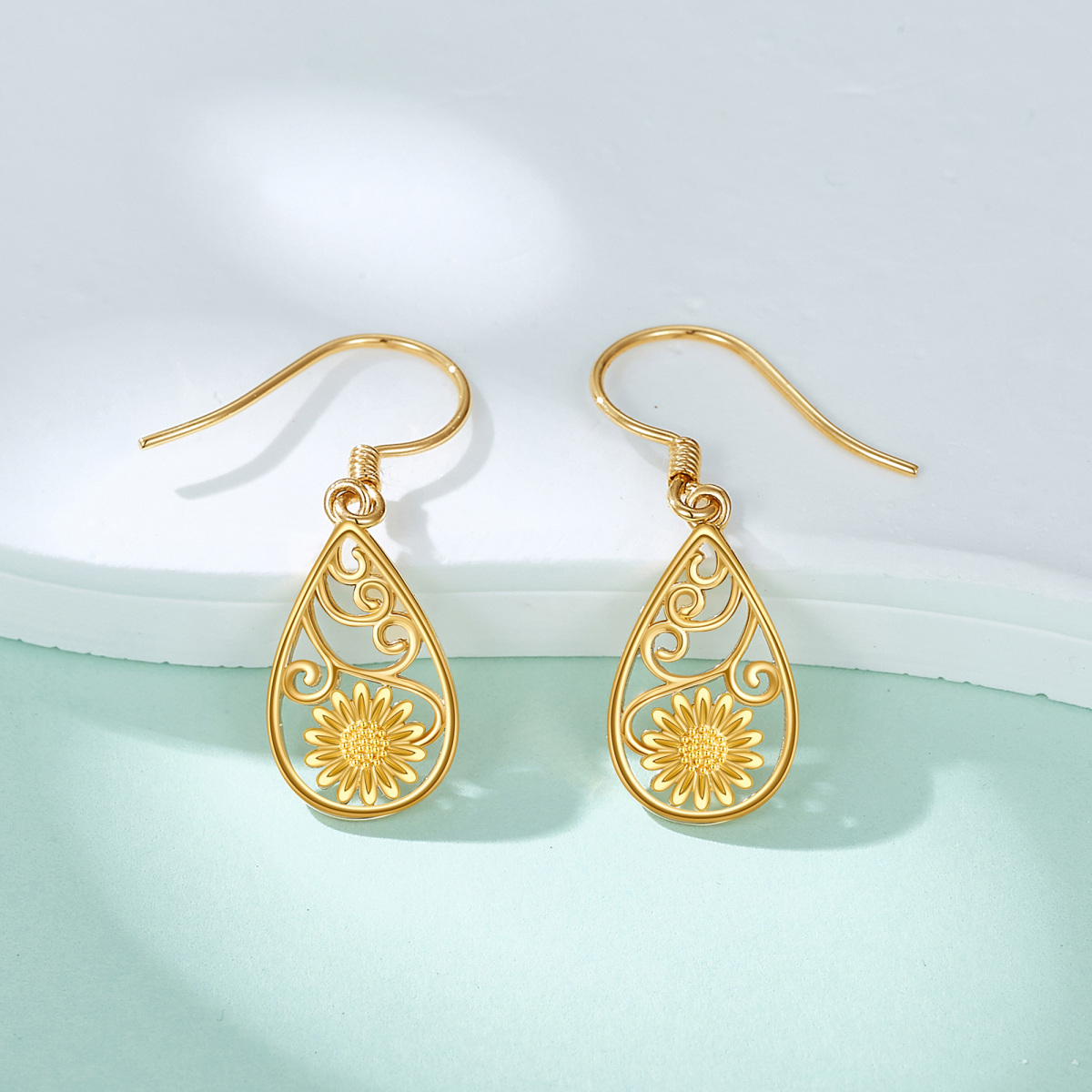 14K Gold Sunflower Drop Earrings-4