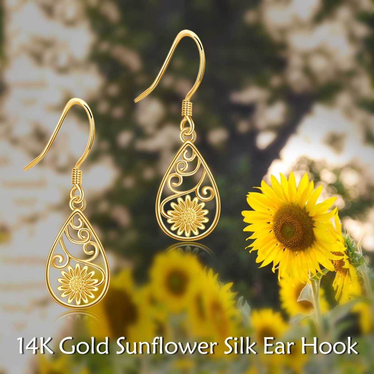 10K Gold Sunflower Drop Earrings-6