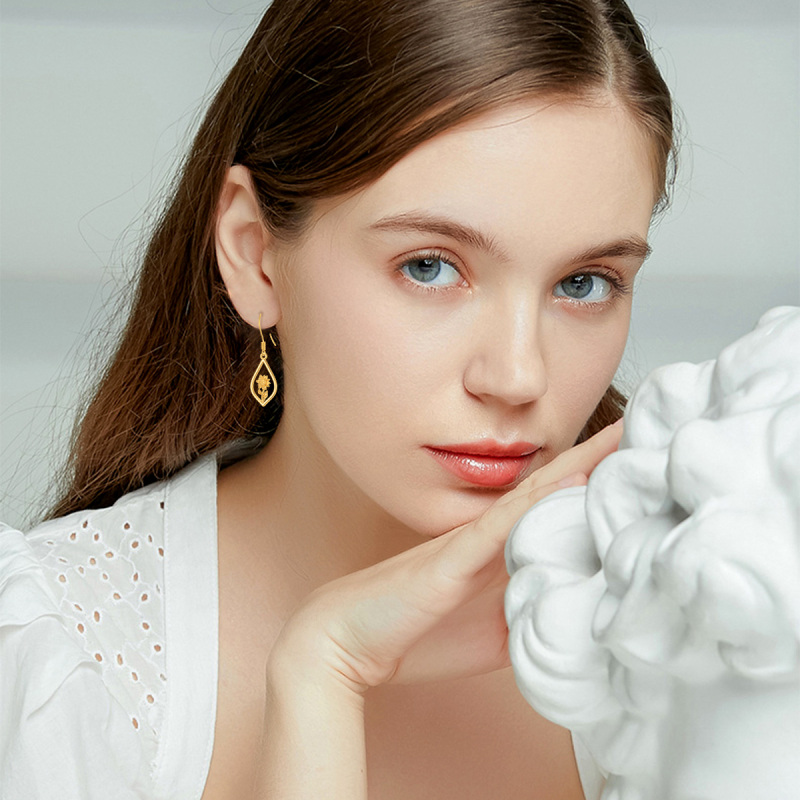 أقراط متدلية من الذهب الأبيض عيار 10 قيراط على شكل دوار الشمس وقطرات الماء-2