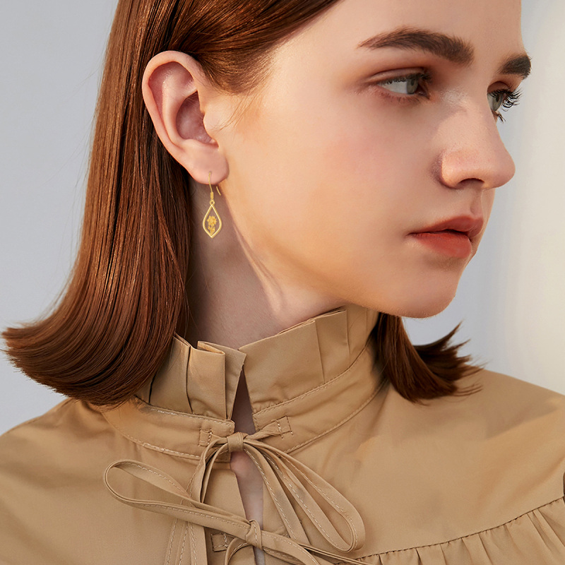 أقراط متدلية من الذهب الأبيض عيار 10 قيراط على شكل دوار الشمس وقطرات الماء-3