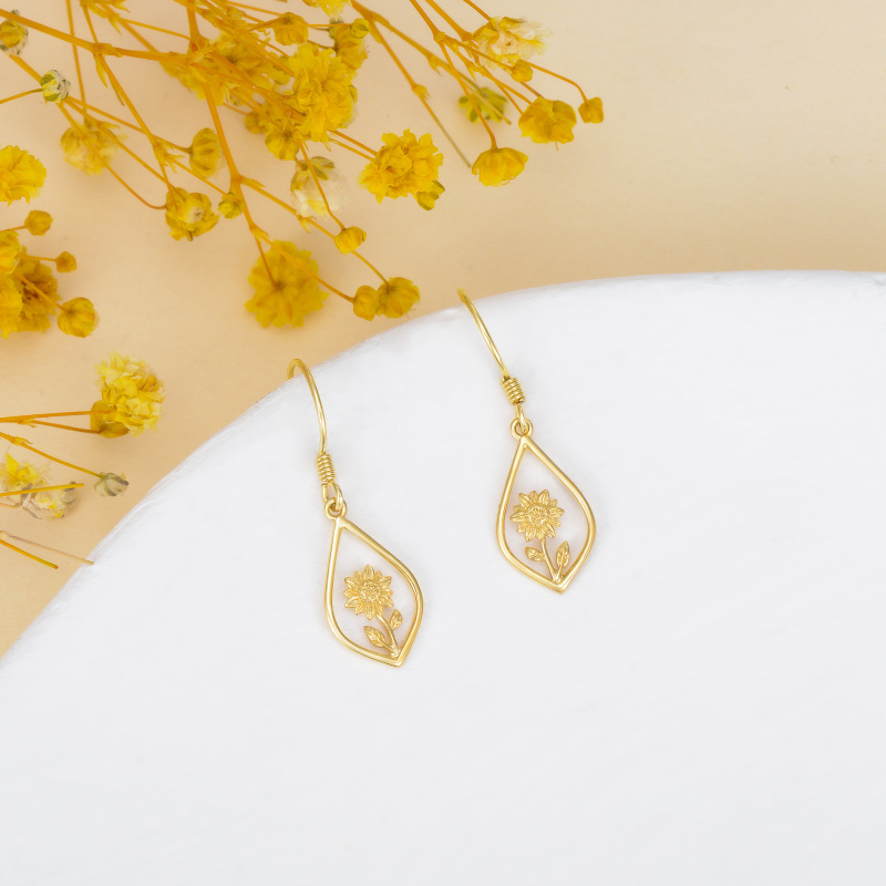 أقراط متدلية من الذهب الأبيض عيار 10 قيراط على شكل دوار الشمس وقطرات الماء-4