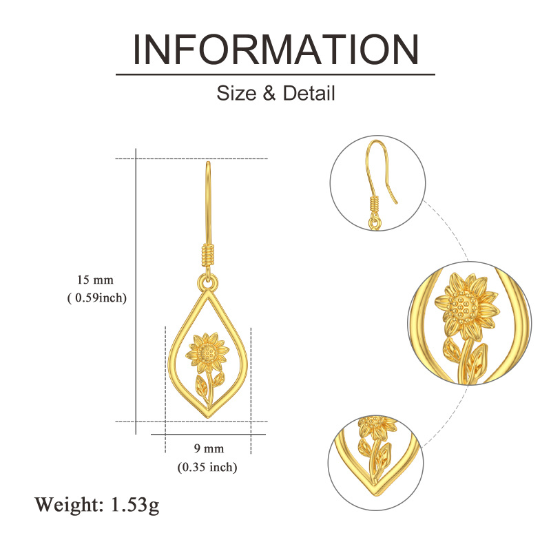 أقراط متدلية من الذهب الأبيض عيار 10 قيراط على شكل دوار الشمس وقطرات الماء-6