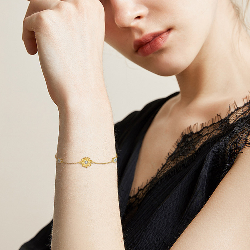 10K Gold Cubic Zirconia Sunflower & Heart Charm Bracelet-2