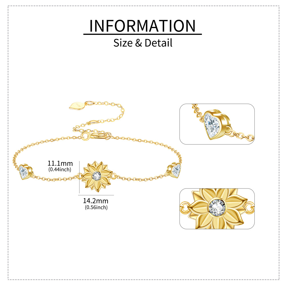 Pulsera con dije de corazón de girasol y circonita cúbica en oro de 14 quilates-5