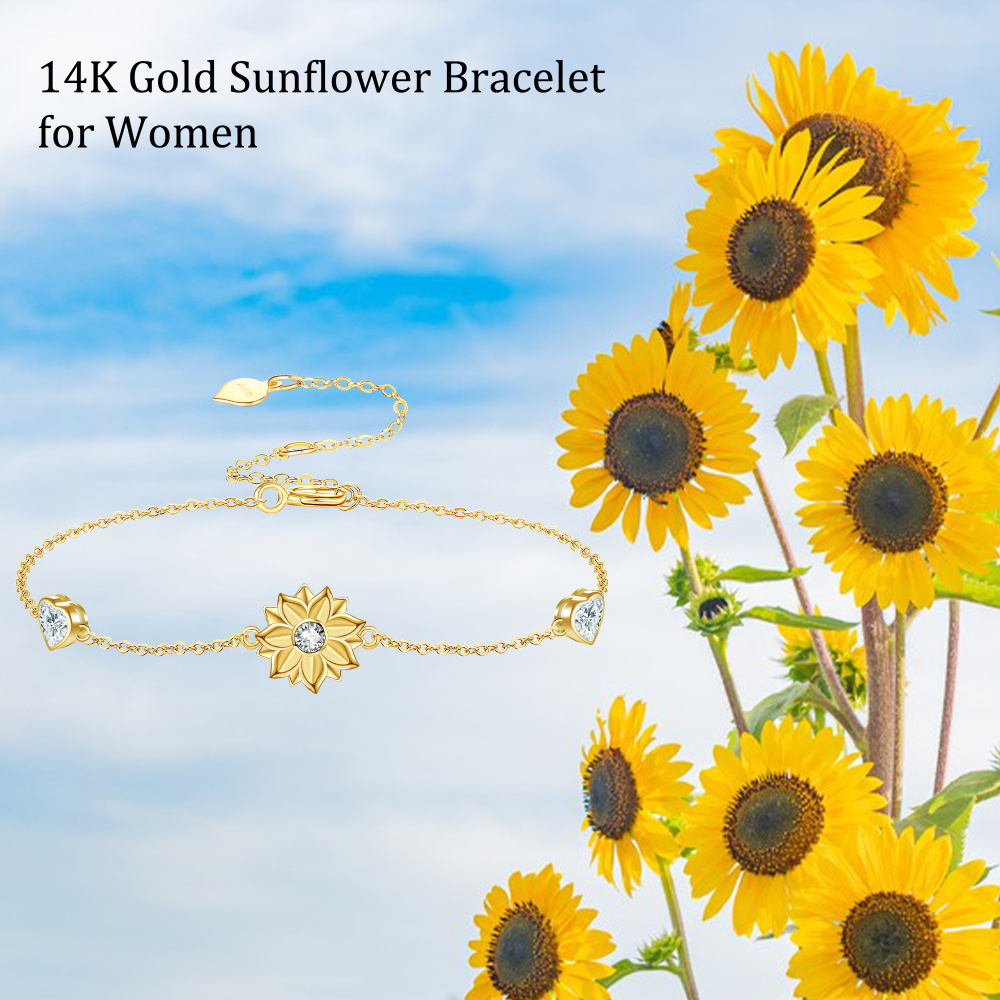 Pulsera con dije de corazón de girasol y circonita cúbica en oro de 14 quilates-6