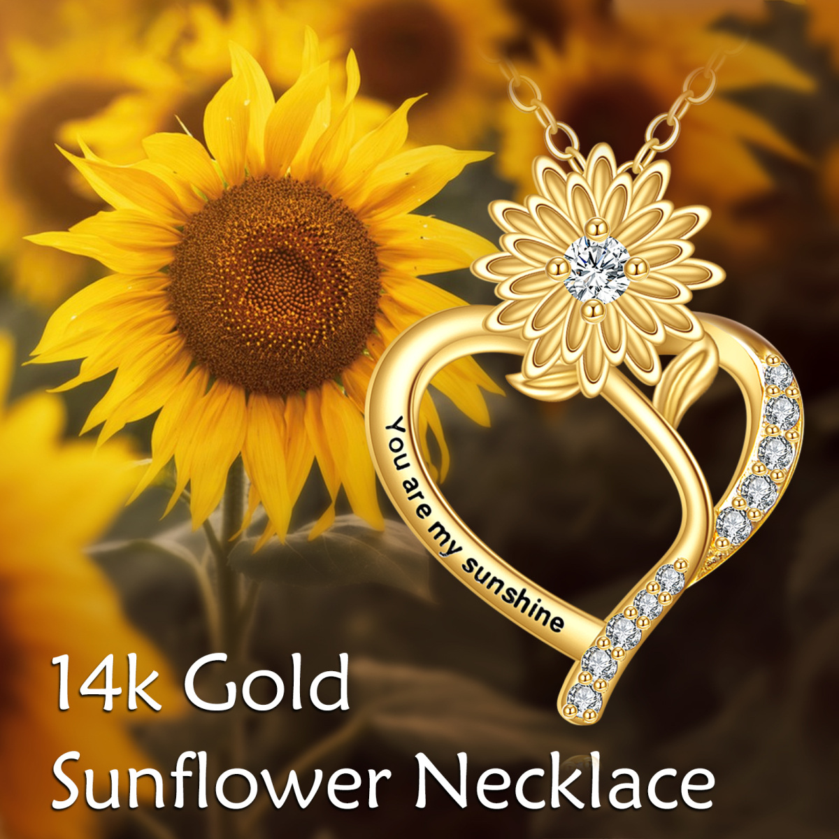 Collana con cuore di girasole con incisione personalizzata in oro 10K per donna-6